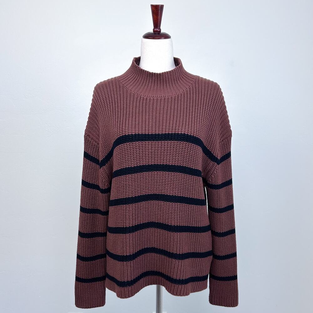Evereve Chunky Brown Black Stripe 100% Cotton Mock Neck Boxy Sweater MEDIUM